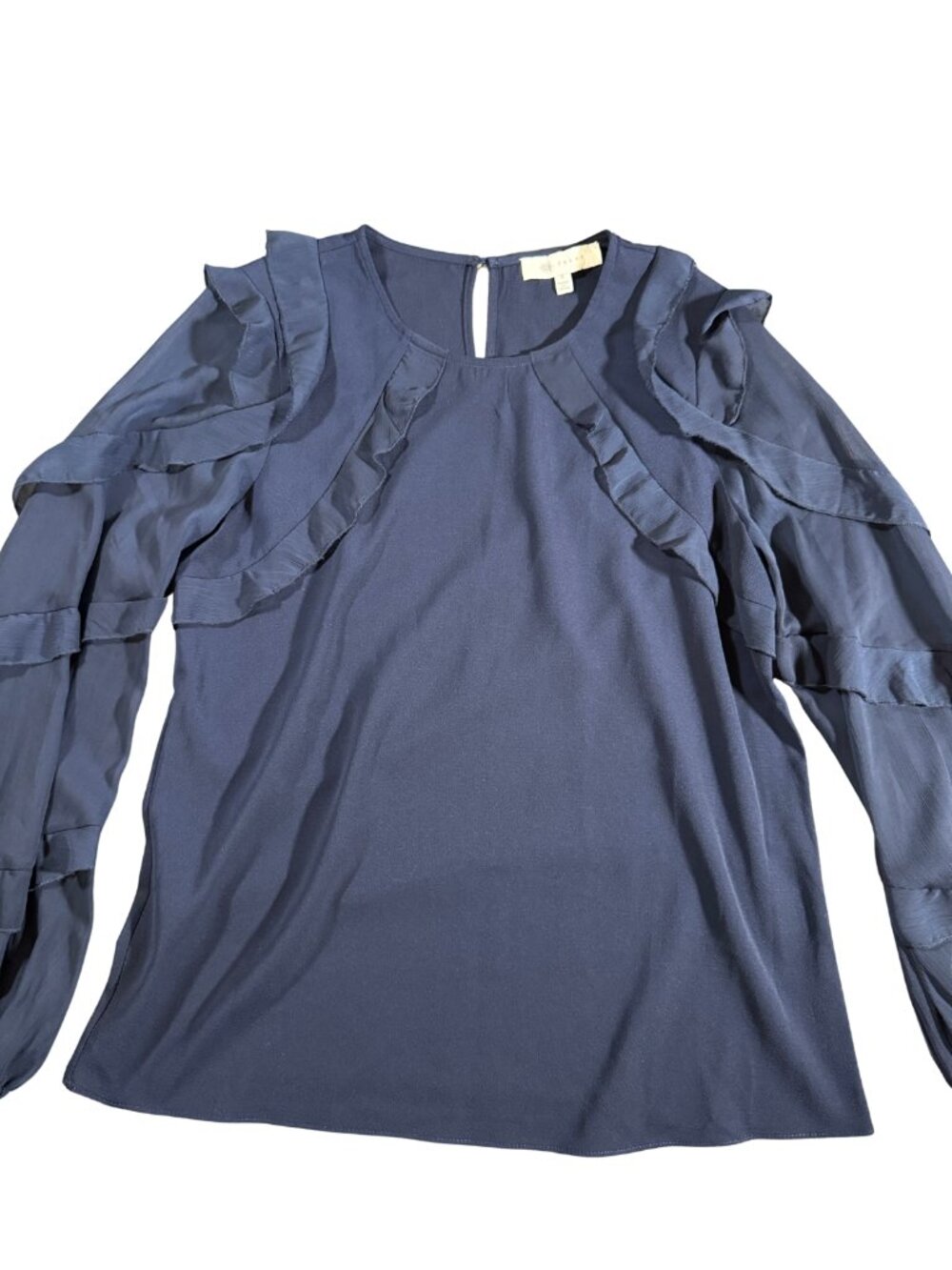 Fever Womens Blue Long Sleeve Ruffle Blouse Size Small NWT